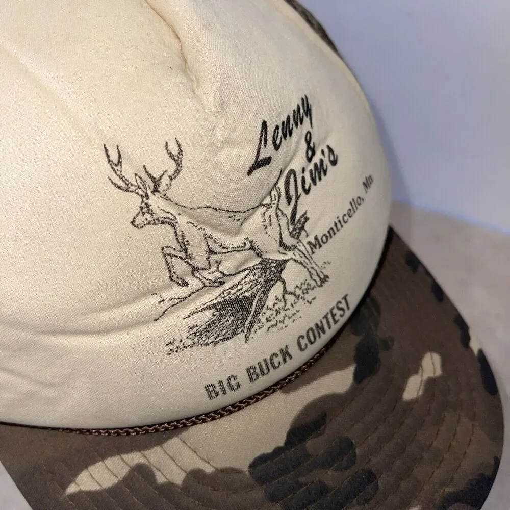Vtg Deer hunting camo hat Men Snapback Lenny Jim’s Big Buck Contest Cap San Sun